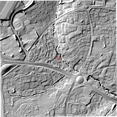 Shaded relief map of the ground around BS320HW, computed from Environment Agency LiDAR. The ground here sits at about 66 m above sea level and falls 25 m across the surrounding 800 m. Surface water reaching this point runs off ground lying to the north-west, 17.2 m higher.