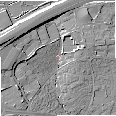 Shaded relief map of the ground around BS324AU, computed from Environment Agency LiDAR. The ground here sits at about 69 m above sea level and falls 25 m across the surrounding 800 m. Surface water reaching this point runs off ground lying to the west-north-west, 19.0 m higher.