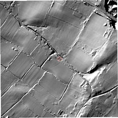 Shaded relief map of the ground around BS324DE, computed from Environment Agency LiDAR. The ground here sits at about 22 m above sea level and falls 44 m across the surrounding 800 m. Surface water reaching this point runs off ground lying to the east-south-east, 29.5 m higher.