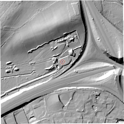 Shaded relief map of the ground around BS324FB, computed from Environment Agency LiDAR. The ground here sits at about 74 m above sea level and falls 31 m across the surrounding 800 m. Surface water reaching this point runs off ground lying to the west-north-west, 5.2 m higher.