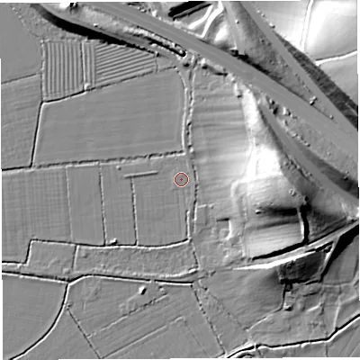Shaded relief map of the ground around BS324LP, computed from Environment Agency LiDAR. The ground here sits at about 7 m above sea level and falls 26 m across the surrounding 800 m. Surface water reaching this point runs off ground lying to the east, 22.8 m higher.