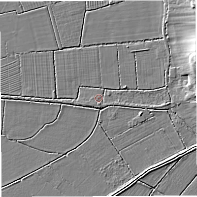 Shaded relief map of the ground around BS324LR, computed from Environment Agency LiDAR. The ground here sits at about 6 m above sea level and falls 10 m across the surrounding 800 m. Surface water reaching this point runs off ground lying to the south, 1.4 m higher.
