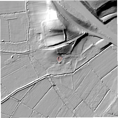 Shaded relief map of the ground around BS324LS, computed from Environment Agency LiDAR. The ground here sits at about 9 m above sea level and falls 26 m across the surrounding 800 m. Surface water reaching this point runs off ground lying to the north, 10.5 m higher.