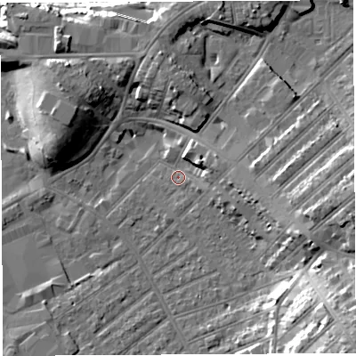 Shaded relief map of the ground around BS32AL, computed from Environment Agency LiDAR. The ground here sits at about 8 m above sea level and falls 25 m across the surrounding 800 m. Surface water reaching this point runs off ground lying to the east-north-east, 6.1 m higher.
