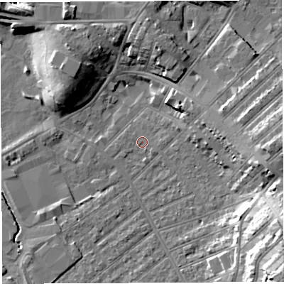 Shaded relief map of the ground around BS32AP, computed from Environment Agency LiDAR. The ground here sits at about 8 m above sea level and falls 22 m across the surrounding 800 m. Surface water reaching this point runs off ground lying to the east-north-east, 2.3 m higher.