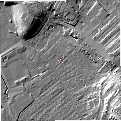 Shaded relief map of the ground around BS32AR, computed from Environment Agency LiDAR. The ground here sits at about 8 m above sea level and falls 22 m across the surrounding 800 m. Surface water reaching this point runs off ground lying to the north-east, 0.9 m higher.