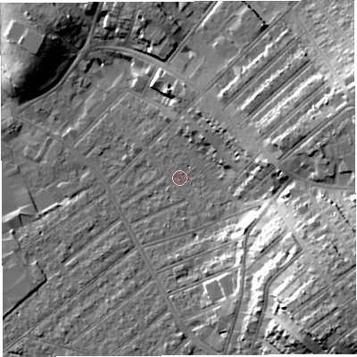 Shaded relief map of the ground around BS32AS, computed from Environment Agency LiDAR. The ground here sits at about 8 m above sea level and falls 23 m across the surrounding 800 m. Surface water reaching this point runs off ground lying to the east-south-east, 1.1 m higher.