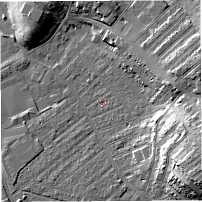 Shaded relief map of the ground around BS32AT, computed from Environment Agency LiDAR. The ground here sits at about 8 m above sea level and falls 23 m across the surrounding 800 m. Surface water reaching this point runs off ground lying to the east, 1.7 m higher.