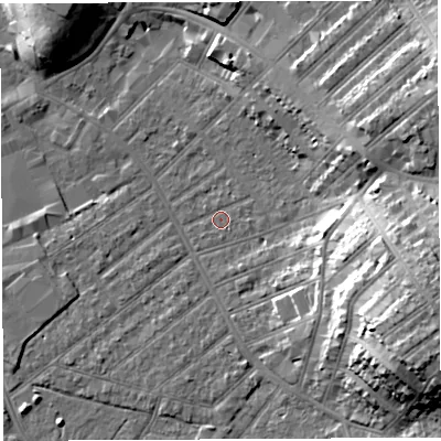 Shaded relief map of the ground around BS32AU, computed from Environment Agency LiDAR. The ground here sits at about 8 m above sea level and falls 23 m across the surrounding 800 m. Surface water reaching this point runs off ground lying to the east-north-east, 1.8 m higher.