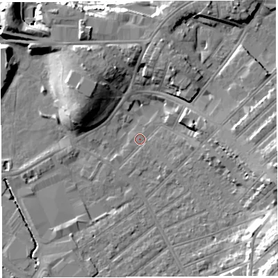Shaded relief map of the ground around BS32AW, computed from Environment Agency LiDAR. The ground here sits at about 7 m above sea level and falls 19 m across the surrounding 800 m. Surface water reaching this point runs off ground lying to the east-south-east, 13.7 m higher.