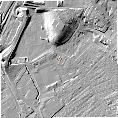 Shaded relief map of the ground around BS32BJ, computed from Environment Agency LiDAR. The ground here sits at about 7 m above sea level and falls 12 m across the surrounding 800 m. Surface water reaching this point runs off ground lying to the north, 10.8 m higher.