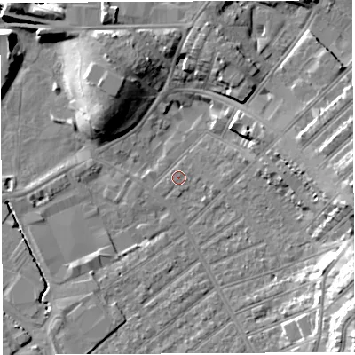Shaded relief map of the ground around BS32BP, computed from Environment Agency LiDAR. The ground here sits at about 8 m above sea level and falls 18 m across the surrounding 800 m. Surface water reaching this point runs off ground lying to the east, 13.7 m higher.