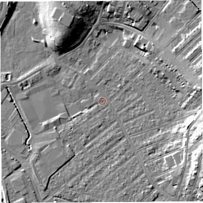 Shaded relief map of the ground around BS32BS, computed from Environment Agency LiDAR. The ground here sits at about 7 m above sea level and falls 16 m across the surrounding 800 m. Surface water reaching this point runs off ground lying to the east-south-east, 14.6 m higher.