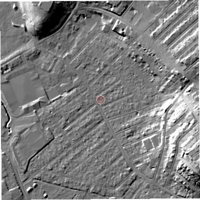 Shaded relief map of the ground around BS32BT, computed from Environment Agency LiDAR. The ground here sits at about 7 m above sea level and falls 22 m across the surrounding 800 m. Surface water reaching this point runs off ground lying to the east-south-east, 18.6 m higher.