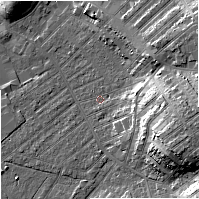 Shaded relief map of the ground around BS32BU, computed from Environment Agency LiDAR. The ground here sits at about 8 m above sea level and falls 23 m across the surrounding 800 m. Surface water reaching this point runs off ground lying to the east, 17.9 m higher.