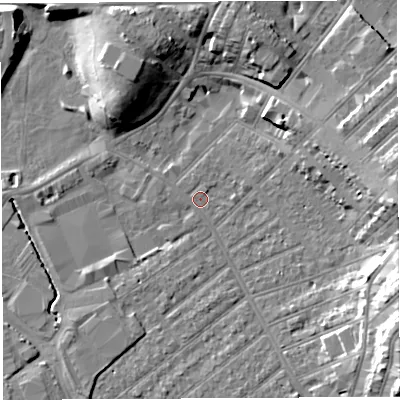 Shaded relief map of the ground around BS32BW, computed from Environment Agency LiDAR. The ground here sits at about 8 m above sea level and falls 16 m across the surrounding 800 m. Surface water reaching this point runs off ground lying to the east-south-east, 14.9 m higher.