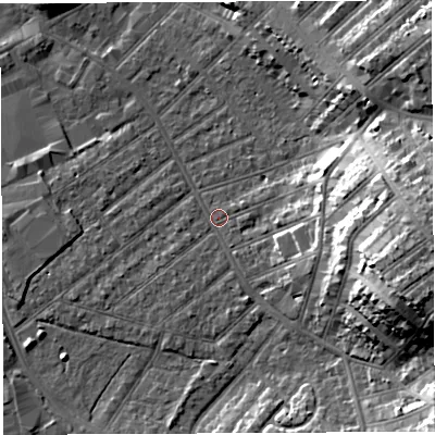 Shaded relief map of the ground around BS32BY, computed from Environment Agency LiDAR. The ground here sits at about 8 m above sea level and falls 23 m across the surrounding 800 m. Surface water reaching this point runs off ground lying to the east-north-east, 16.6 m higher.