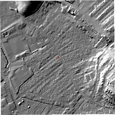 Shaded relief map of the ground around BS32DH, computed from Environment Agency LiDAR. The ground here sits at about 7 m above sea level and falls 22 m across the surrounding 800 m. Surface water reaching this point runs off ground lying to the east, 18.1 m higher.