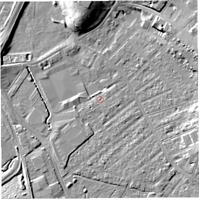 Shaded relief map of the ground around BS32DJ, computed from Environment Agency LiDAR. The ground here sits at about 8 m above sea level and falls 12 m across the surrounding 800 m. Surface water reaching this point runs off ground lying to the east-north-east, 10.0 m higher.