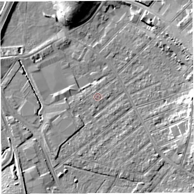 Shaded relief map of the ground around BS32DL, computed from Environment Agency LiDAR. The ground here sits at about 8 m above sea level and falls 12 m across the surrounding 800 m. Surface water reaching this point runs off ground lying to the east-north-east, 10.2 m higher.
