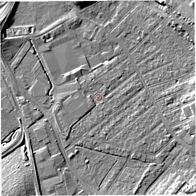 Shaded relief map of the ground around BS32DN, computed from Environment Agency LiDAR. The ground here sits at about 8 m above sea level and falls 11 m across the surrounding 800 m. Surface water reaching this point runs off ground lying to the east, 5.5 m higher.