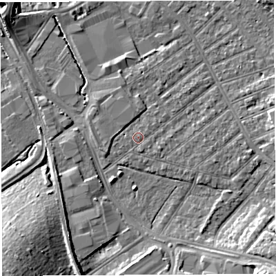 Shaded relief map of the ground around BS32DP, computed from Environment Agency LiDAR. The ground here sits at about 8 m above sea level and falls 12 m across the surrounding 800 m. Surface water reaching this point runs off ground lying to the south, 0.6 m higher.
