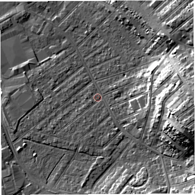Shaded relief map of the ground around BS32DQ, computed from Environment Agency LiDAR. The ground here sits at about 8 m above sea level and falls 23 m across the surrounding 800 m. Surface water reaching this point runs off ground lying to the east-north-east, 16.6 m higher.