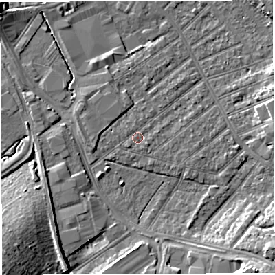 Shaded relief map of the ground around BS32DR, computed from Environment Agency LiDAR. The ground here sits at about 8 m above sea level and falls 12 m across the surrounding 800 m. Surface water reaching this point runs off ground lying to the south-west, 0.6 m higher.