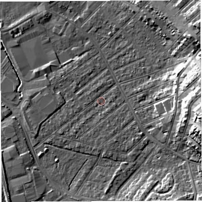 Shaded relief map of the ground around BS32DS, computed from Environment Agency LiDAR. The ground here sits at about 7 m above sea level and falls 21 m across the surrounding 800 m. Surface water reaching this point runs off ground lying to the south-west, 1.4 m higher.