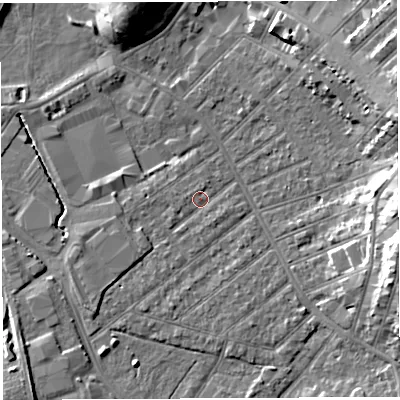 Shaded relief map of the ground around BS32DW, computed from Environment Agency LiDAR. The ground here sits at about 8 m above sea level and falls 15 m across the surrounding 800 m. Surface water reaching this point runs off ground lying to the east, 12.7 m higher.