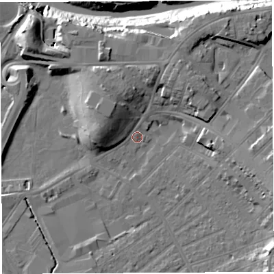 Shaded relief map of the ground around BS32EA, computed from Environment Agency LiDAR. The ground here sits at about 8 m above sea level and falls 19 m across the surrounding 800 m. Surface water reaching this point runs off ground lying to the west-north-west, 10.1 m higher.