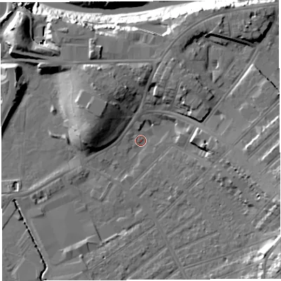 Shaded relief map of the ground around BS32EB, computed from Environment Agency LiDAR. The ground here sits at about 7 m above sea level and falls 21 m across the surrounding 800 m. Surface water reaching this point runs off ground lying to the west-north-west, 10.1 m higher.