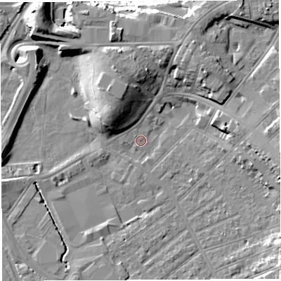 Shaded relief map of the ground around BS32ED, computed from Environment Agency LiDAR. The ground here sits at about 7 m above sea level and falls 15 m across the surrounding 800 m. Surface water reaching this point runs off ground lying to the north-west, 10.0 m higher.