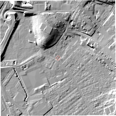 Shaded relief map of the ground around BS32EE, computed from Environment Agency LiDAR. The ground here sits at about 7 m above sea level and falls 12 m across the surrounding 800 m. Surface water reaching this point runs off ground lying to the north-west, 11.4 m higher.