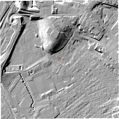Shaded relief map of the ground around BS32EF, computed from Environment Agency LiDAR. The ground here sits at about 7 m above sea level and falls 12 m across the surrounding 800 m. Surface water reaching this point runs off ground lying to the north-north-west, 1.2 m higher.