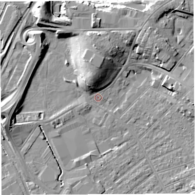 Shaded relief map of the ground around BS32EG, computed from Environment Agency LiDAR. The ground here sits at about 8 m above sea level and falls 13 m across the surrounding 800 m. Surface water reaching this point runs off ground lying to the north-north-west, 1.1 m higher.