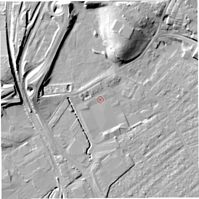 Shaded relief map of the ground around BS32EJ, computed from Environment Agency LiDAR. The ground here sits at about 7 m above sea level and falls 12 m across the surrounding 800 m. Surface water reaching this point runs off ground lying to the south-west, 2.4 m higher.