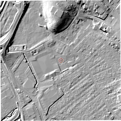 Shaded relief map of the ground around BS32EL, computed from Environment Agency LiDAR. The ground here sits at about 7 m above sea level and falls 12 m across the surrounding 800 m. Surface water reaching this point runs off ground lying to the north, 10.7 m higher.