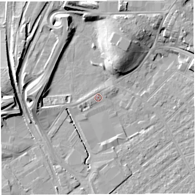 Shaded relief map of the ground around BS32EQ, computed from Environment Agency LiDAR. The ground here sits at about 8 m above sea level and falls 12 m across the surrounding 800 m. Surface water reaching this point runs off ground lying to the north-north-west, 11.7 m higher.