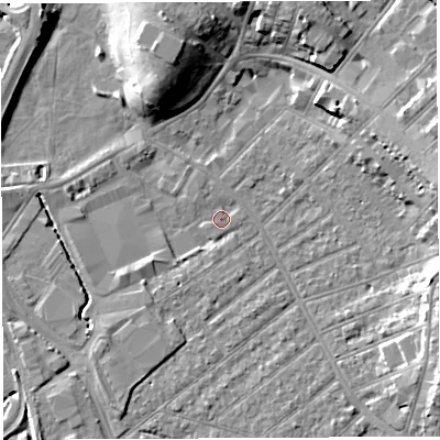 Shaded relief map of the ground around BS32ER, computed from Environment Agency LiDAR. The ground here sits at about 7 m above sea level and falls 12 m across the surrounding 800 m. Surface water reaching this point runs off ground lying to the east, 11.4 m higher.