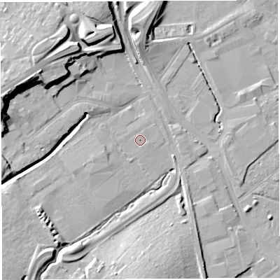 Shaded relief map of the ground around BS32HA, computed from Environment Agency LiDAR. The ground here sits at about 8 m above sea level and falls 22 m across the surrounding 800 m. Surface water reaching this point runs off ground lying to the south-east, 0.5 m higher.