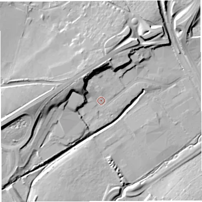 Shaded relief map of the ground around BS32HQ, computed from Environment Agency LiDAR. The ground here sits at about 9 m above sea level and falls 22 m across the surrounding 800 m. Surface water reaching this point runs off ground lying to the north-north-west, 13.5 m higher.