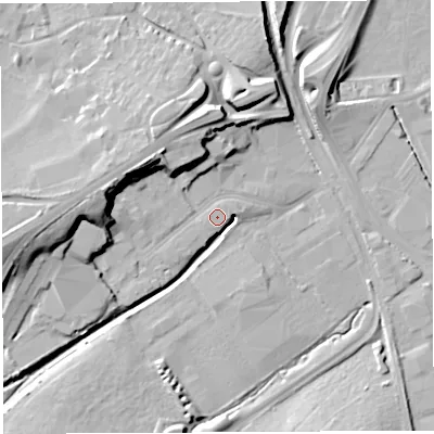 Shaded relief map of the ground around BS32HT, computed from Environment Agency LiDAR. The ground here sits at about 10 m above sea level and falls 22 m across the surrounding 800 m. Surface water reaching this point runs off ground lying to the east, 1.0 m higher.