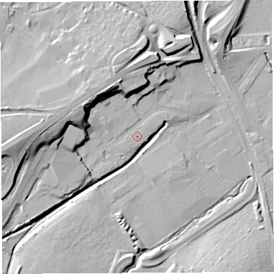 Shaded relief map of the ground around BS32HW, computed from Environment Agency LiDAR. The ground here sits at about 9 m above sea level and falls 22 m across the surrounding 800 m. Surface water reaching this point runs off ground lying to the north-east, 0.8 m higher.
