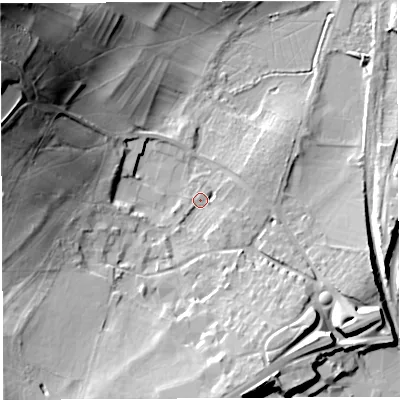 Shaded relief map of the ground around BS32JT, computed from Environment Agency LiDAR. The ground here sits at about 10 m above sea level and falls 44 m across the surrounding 800 m. Surface water reaching this point runs off ground lying to the south, 12.1 m higher.