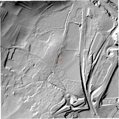 Shaded relief map of the ground around BS32JX, computed from Environment Agency LiDAR. The ground here sits at about 10 m above sea level and falls 29 m across the surrounding 800 m. Surface water reaching this point runs off ground lying to the north-west, 2.5 m higher.