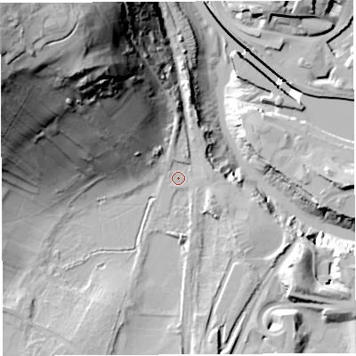 Shaded relief map of the ground around BS32JY, computed from Environment Agency LiDAR. The ground here sits at about 8 m above sea level and falls 76 m across the surrounding 800 m. Surface water reaching this point runs off ground lying to the south-south-east, 6.3 m higher.