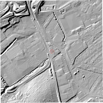 Shaded relief map of the ground around BS32LD, computed from Environment Agency LiDAR. The ground here sits at about 8 m above sea level and falls 19 m across the surrounding 800 m. Surface water reaching this point runs off ground lying to the east-north-east, 0.9 m higher.