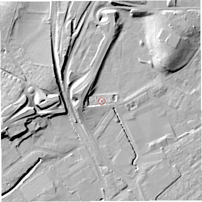 Shaded relief map of the ground around BS32LE, computed from Environment Agency LiDAR. The ground here sits at about 7 m above sea level and falls 21 m across the surrounding 800 m. Surface water reaching this point runs off ground lying to the west-south-west, 3.6 m higher.