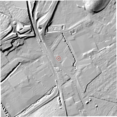 Shaded relief map of the ground around BS32LF, computed from Environment Agency LiDAR. The ground here sits at about 8 m above sea level and falls 20 m across the surrounding 800 m. Surface water reaching this point runs off ground lying to the west-north-west, 13.5 m higher.
